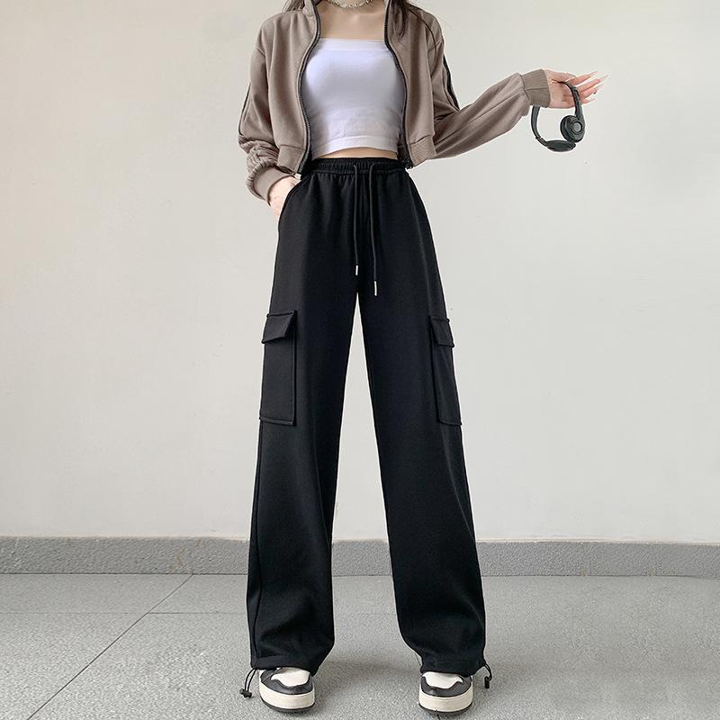 Grey Work Pants, Women's Winter Casual Sports Pants, Loose and Plush Wide Leg Pants for Women