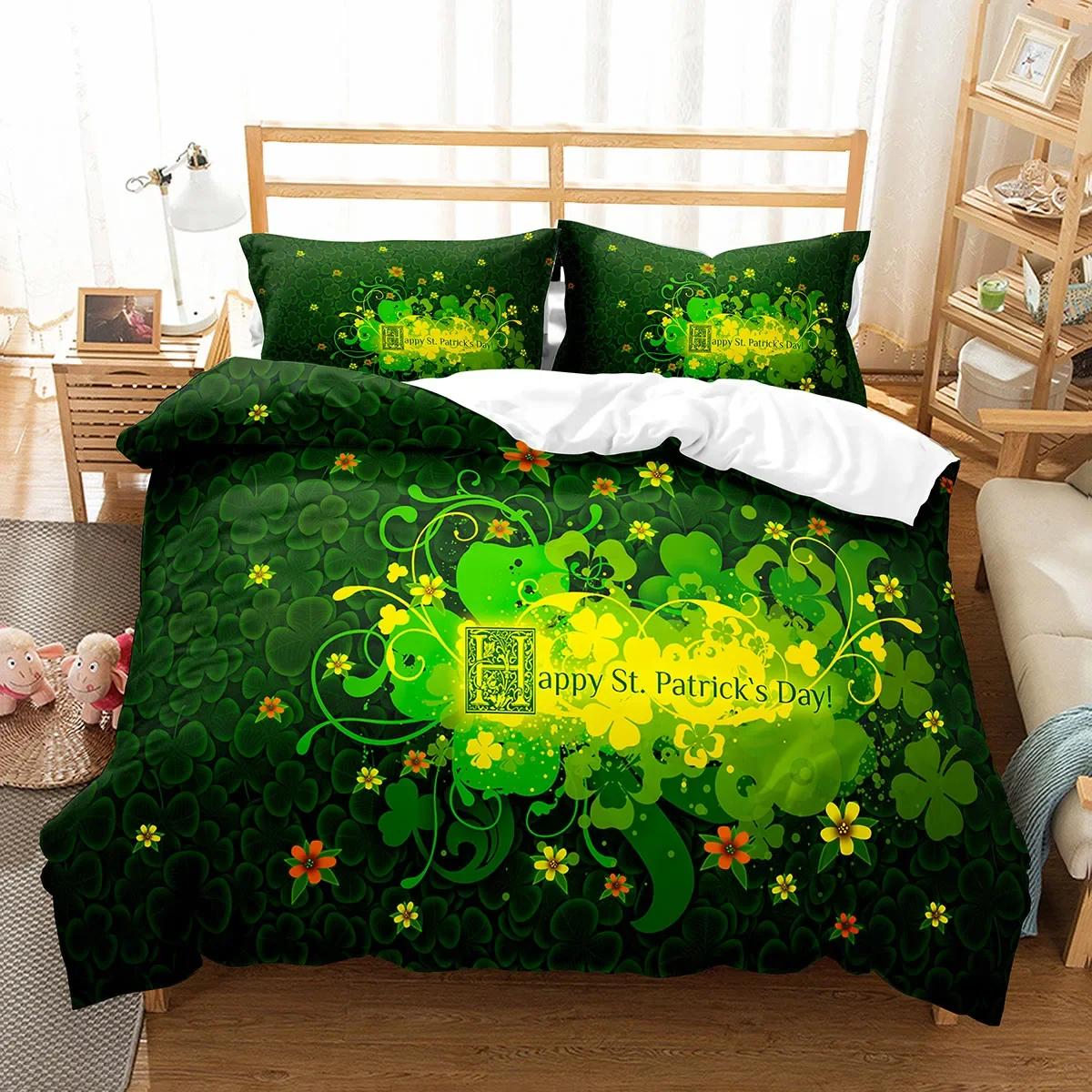 

Comforter Happy St Patrick S Day Plant Clover Bedding Set Green Lucky Leaf Botanical Leaves Comforter (quilt)-EU Single(135*200cm)3pcs