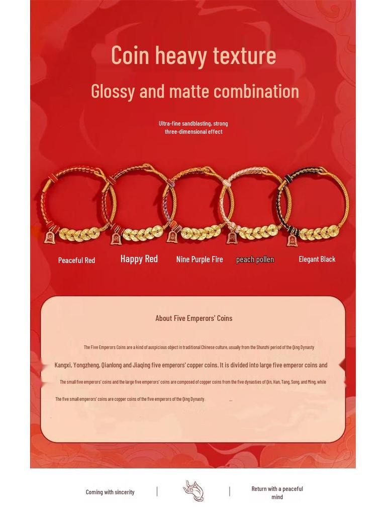 2026 Handgefertigtes Rotes Armband mit Fünf-Kaiser-Münzen: Gewebtes Armband für Männer & Frauen, Benming Jahr Imitiertes Gold Handseil Geschenk