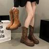 Brown embroidered retro western cowboy boots women's 2025 new summer V-mouth knight boots thick-soled thin short boots
