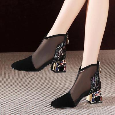 Newest Mesh Sandals Boots Women Mesh Ankle Boot for Summer Mid Heel Rhinestone Ponited Toe Shoes Hollow Out Back Zip Black Pumps