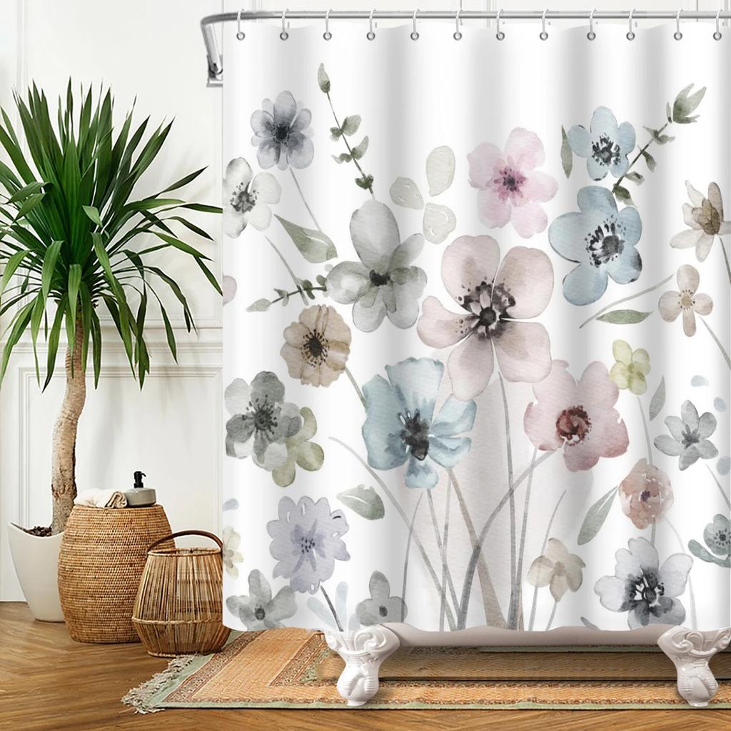 Floral Duschvorhang für Badezimmer Vintage Blume Schmetterling Wasserdichter Stoff Boho Badewanne Badezimmervorhang Mit Haken 180x240