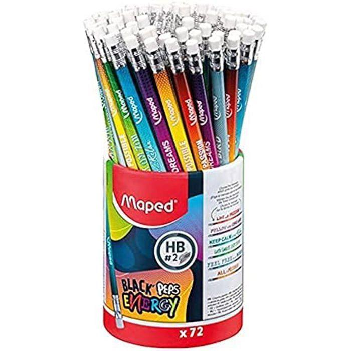 Crayons Graphite - MAPED - Black’Peps Energy - 72 Crayons - Embout Gomme - Mine HB2 Résistante