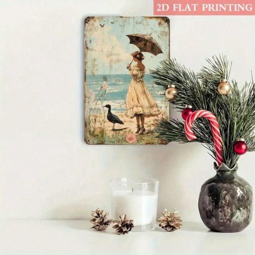 Vintage Lady with Umbrella Metal Poster Wall Art Turquoise Gold