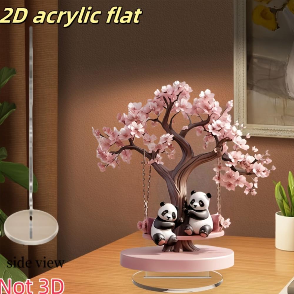 Swing Tree Couple Panda Table 2D Flat Acrylic Decorative Ornament Sculpture - for Desk, Bedroom, Living Room,  for Christmas and Halloween
