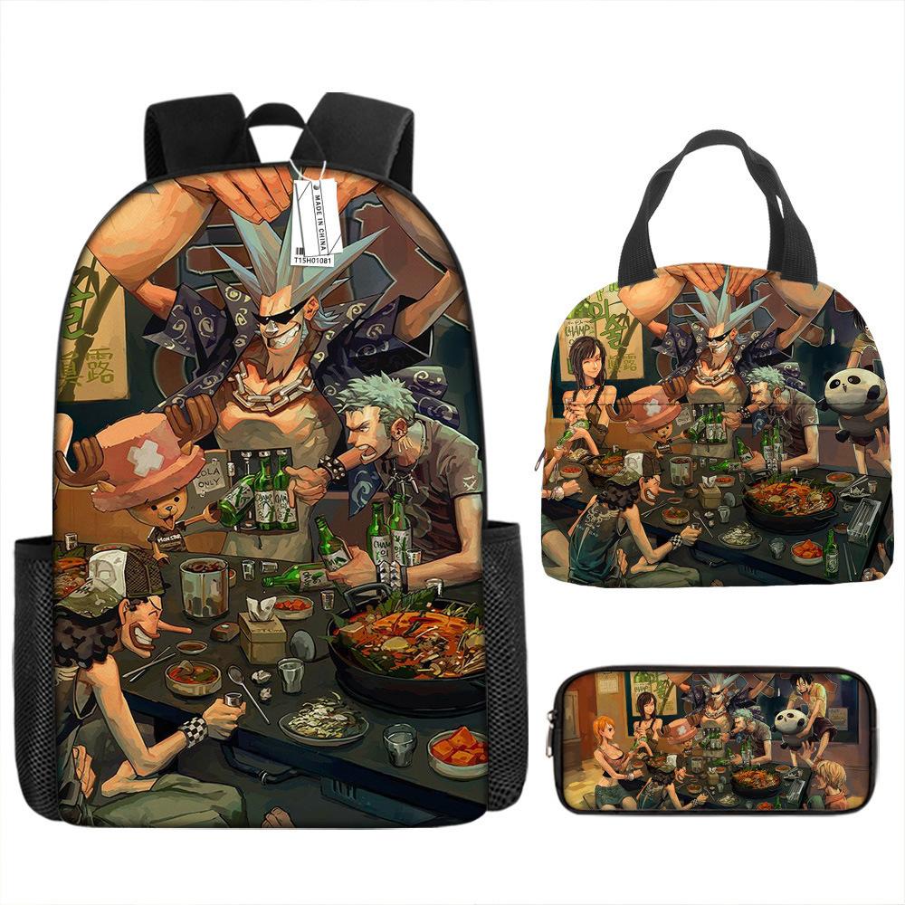 One Piece Luffy Rucksack 3-teiliges Set Schüler Schultasche Anime Rucksack Brotdose Klassisch Große Kapazität Wasserdicht