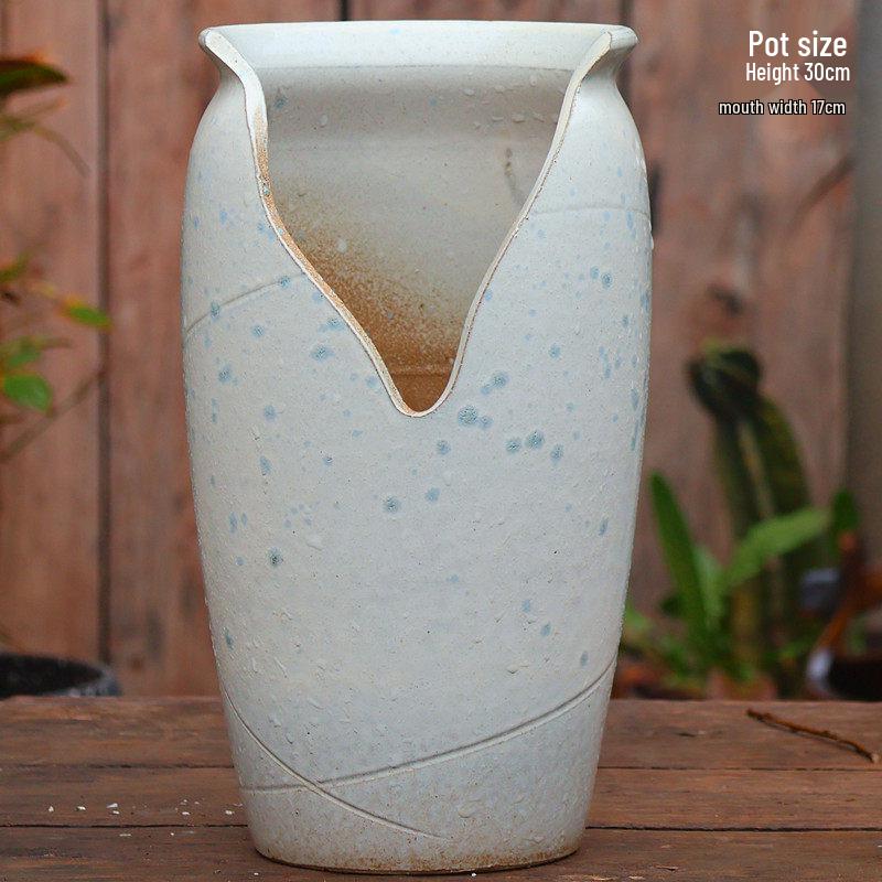 Handmade Coarse Pottery Wide-Mouth Flower Pot - Ceramic Zisha Succulent Planter with Rustic Cut-Edge Design for Chlorophytum