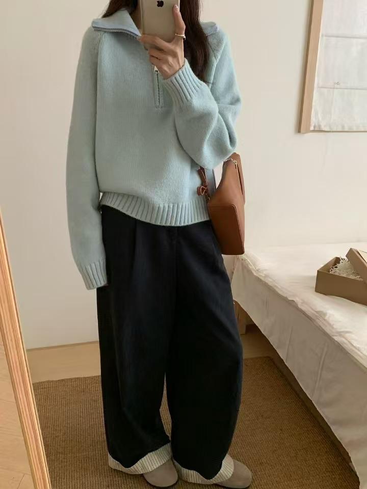Half Zipper Lapel Knitted Pullover Sweater Women's Autumn and Winter High-end Sense New Lazy Soft Waxy Knitted Sweater Top