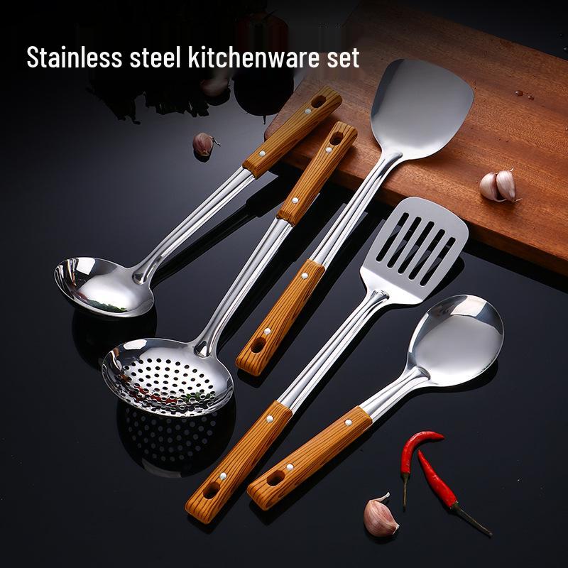 Stainless Steel Cookware Set with Heat-Resistant Wood Grain Handles, Spatula, Slotted Spoon, and Ladle - Durable Kitchen Utensils