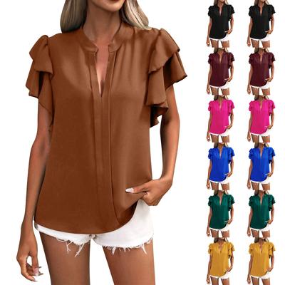Women's V-Neck Casual Double-Layer Ruffle Sleeve Color Shirt Top