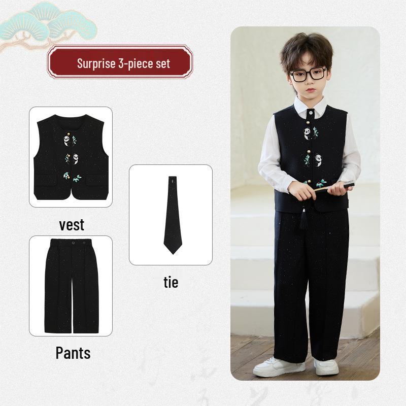 Boys' Spring Hanfu Vest Set with Embroidery - Formal Wear for Performances and Events