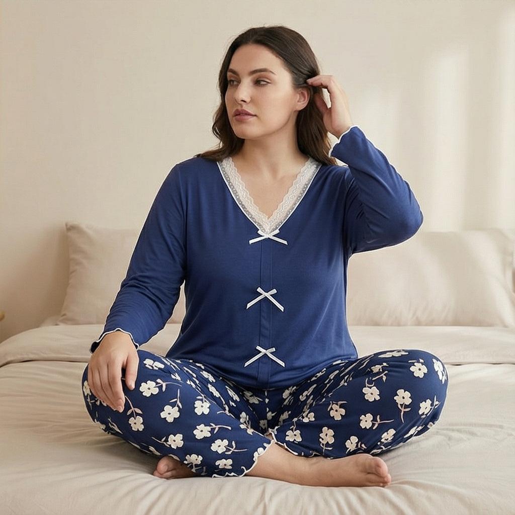 YYFS Women's Fashion Spring Summer Flower Pattern Print Short Sleeve V‑Neck Casual Pajama Set