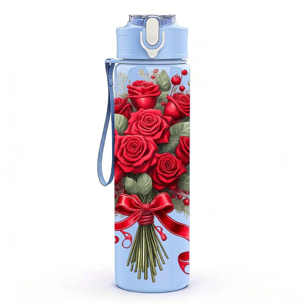 1PC Red Rose Bouquet Floral Print 750ml Color Plastic Sports Water Bottle Leakproof Flip Straw Lid Suitable for Sports Office Home Use