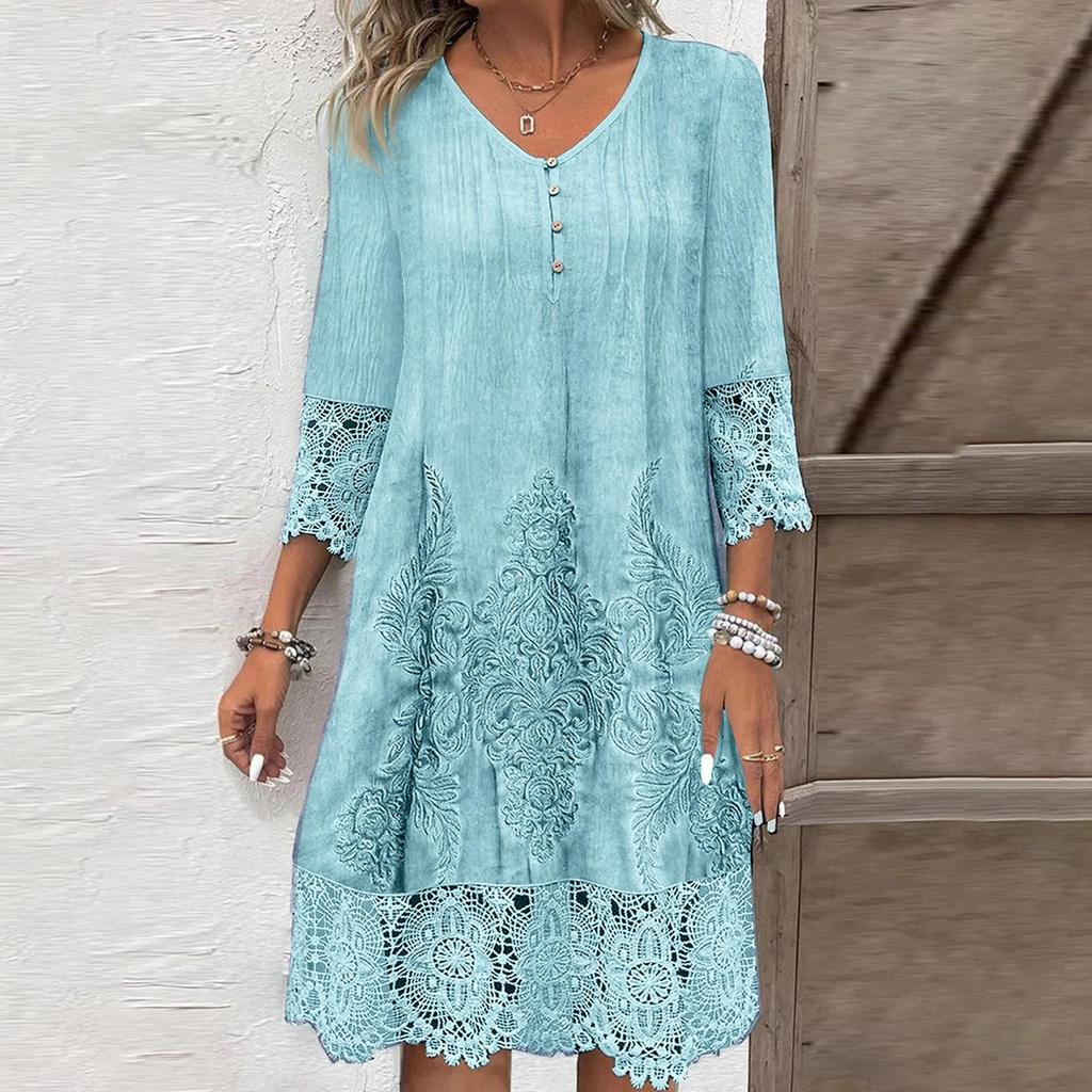 Neues einfarbiges Kleid Frühling Sommer Damenmode V-Ausschnitt Knopf Locker Büro Freizeitkleider Weiblich Urlaub Robe Femme