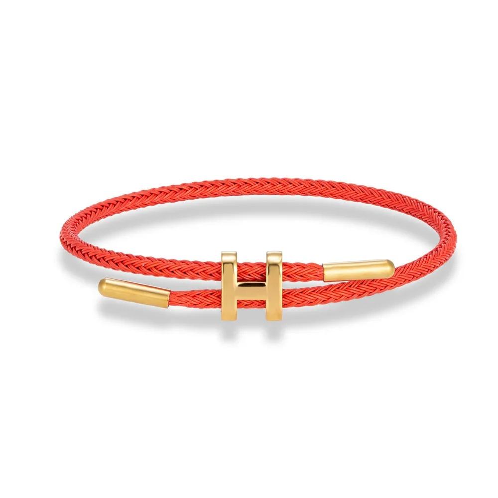 

Тонкий стальной трос ручная цепочка жесткая золотая ювелирная нить бусины талисман удачи красная веревка плетеный браслет модный китайский символ красный