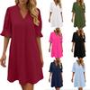 Women's Casual Plain V-neck Loose Pleated Five-quarter Sleeve Dress Summer