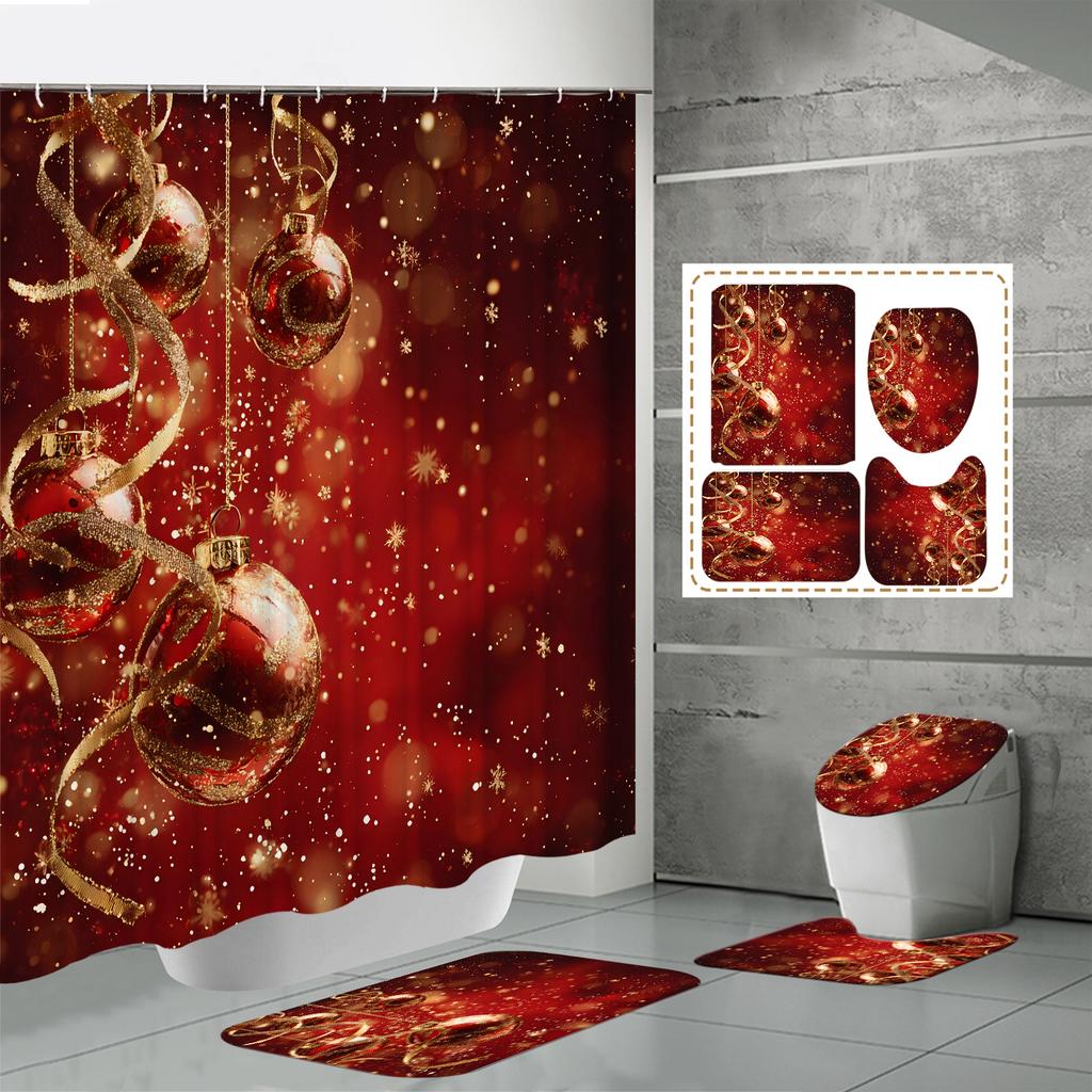 4PCS Shower Curtain Sets With Shower Curtain And Rugs Toilet Lid Rug U Shape Mat And Bath Mat Bathroom Set With 12 Hooks