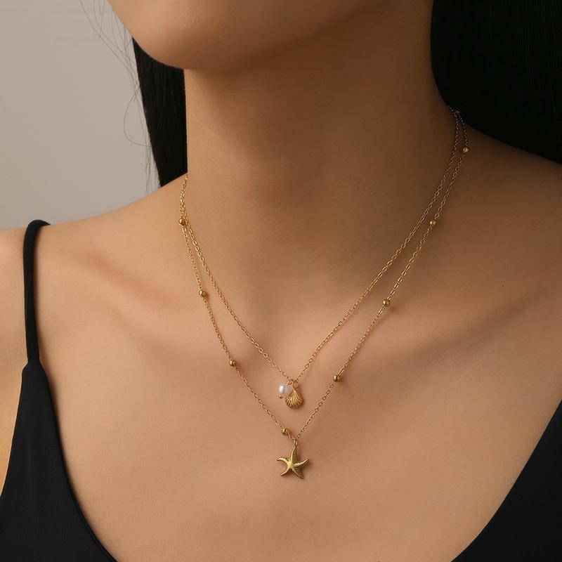 Vintage Stainless Steel Shell Starfish Pendant Necklace for Women Elegant Imitation Pearl Double Layered Clavicle Chain Jewelry