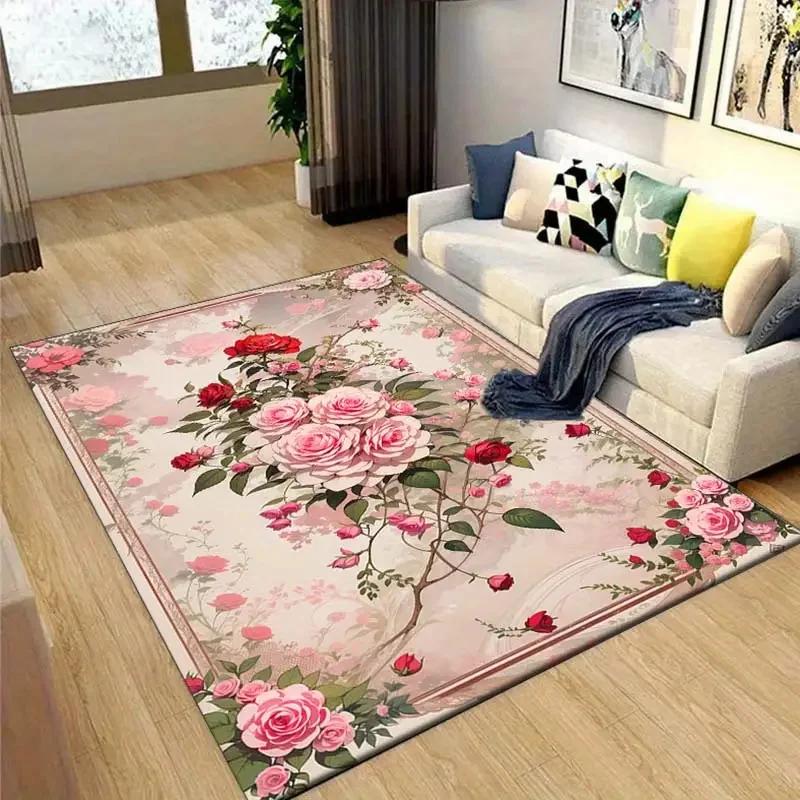 Rose Floral Carpet Mat Rug with Vintage Border Pattern Soft Classic Home Decoration Living Room Bedroom Indoor Decorative Rug