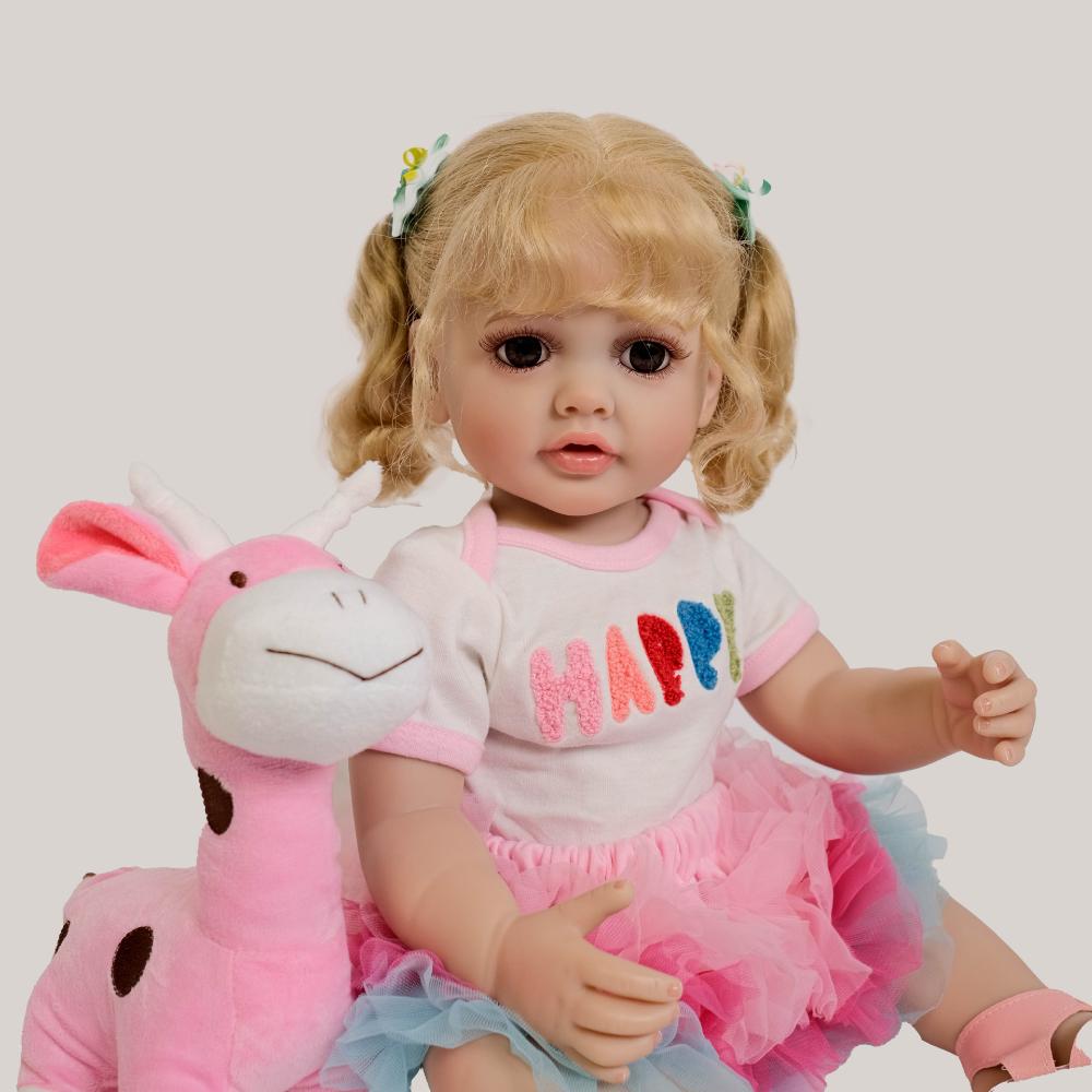 55cm Cute Reborn Dolls Betty Soft Vinyl Full Silicone Body Newborn Babies Doll with Rooted Gold Curly Hair Lifelike Baby Doll Birthday Gifts for Girls