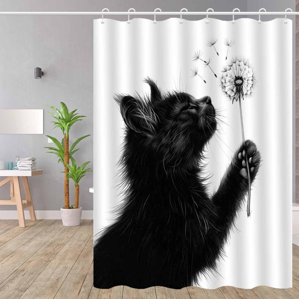 A Charming Black Cat Shower Curtain: Add a Touch of Whimsy and Warmth to Your Bathroom with This Adorable Design Featuring
