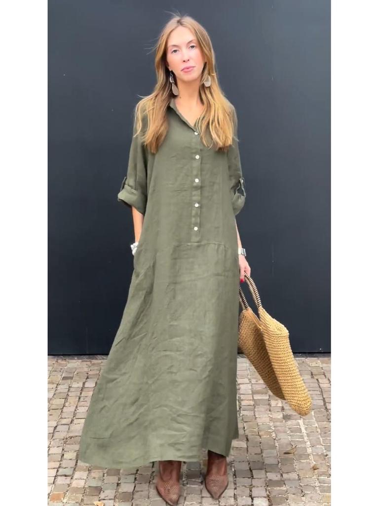 2024 Summer Women's Casual Plus Size Cotton Linen Pocket Shirt Collar Dress