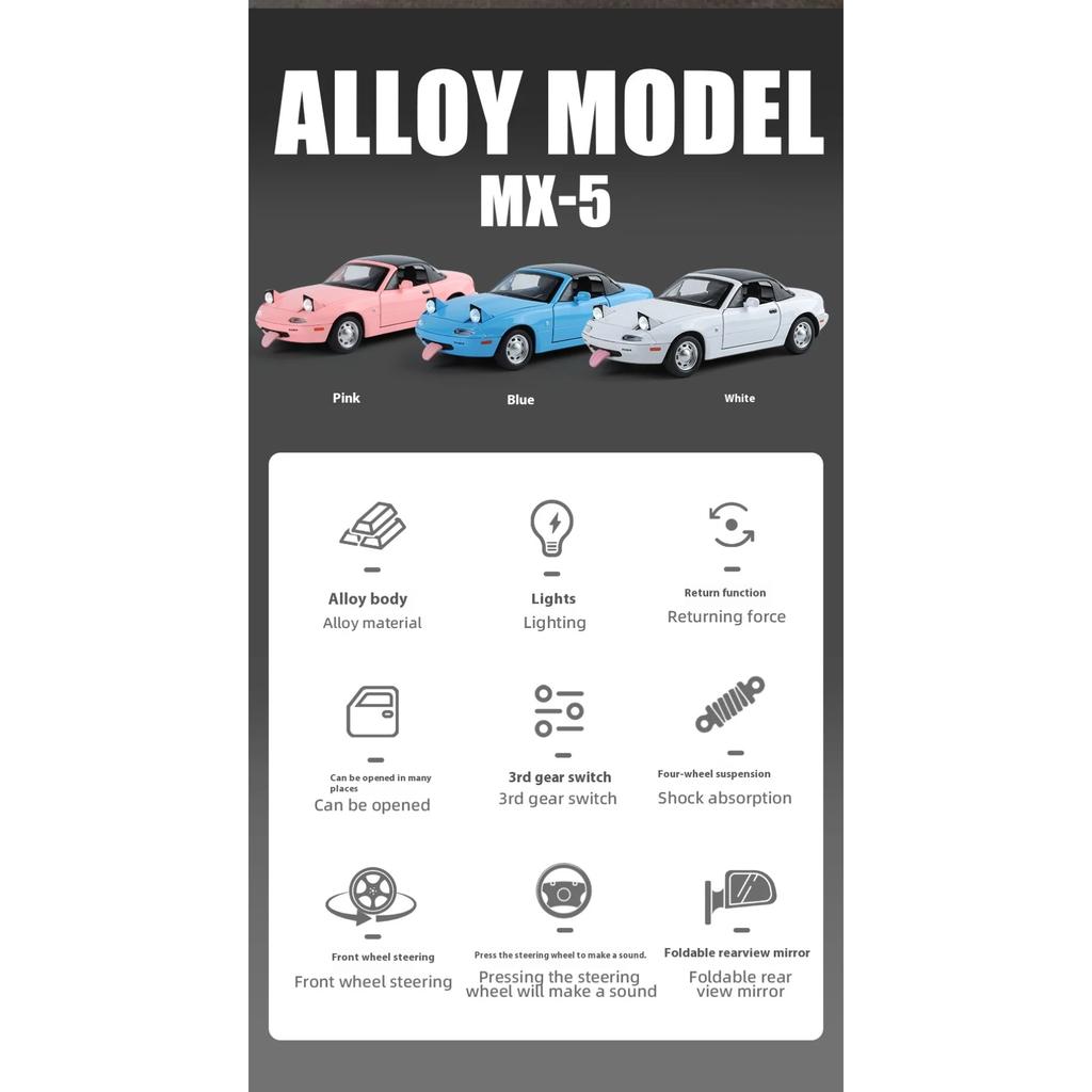 1/24 Scale Mazda MX-5 Alloy Car Model with Authentic Sound Effects, Perfect Display Piece for Car Enthusiasts and Collectors