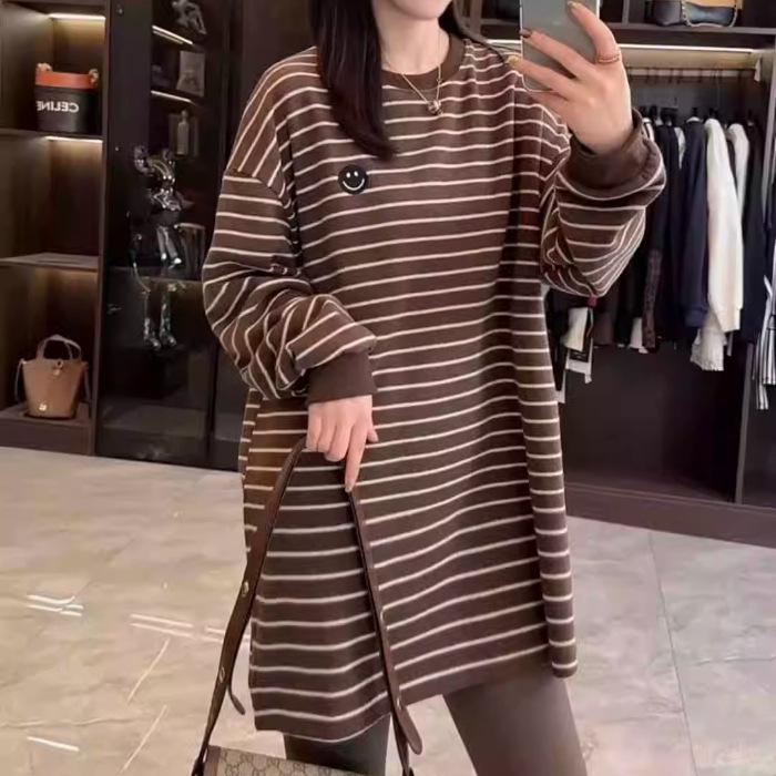 2025 Autumn Slimming Long Sleeve Striped Round Neck T-shirt Fashion Base Layer L
