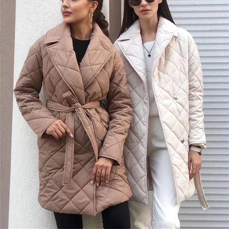 2022 European & American Diamond Pattern Mid-Length Belted Lapel Overcoat - Autumn/Winter Fashion Slimming Cotton Coat