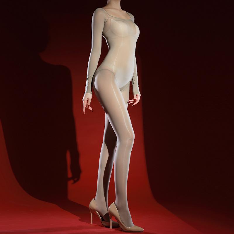 Sexy Full Body One-Piece Open Crotch Stockings High-Cut Seamless Off-Shoulder 5D Ultra-Thin Unisex Glossy Lingerie