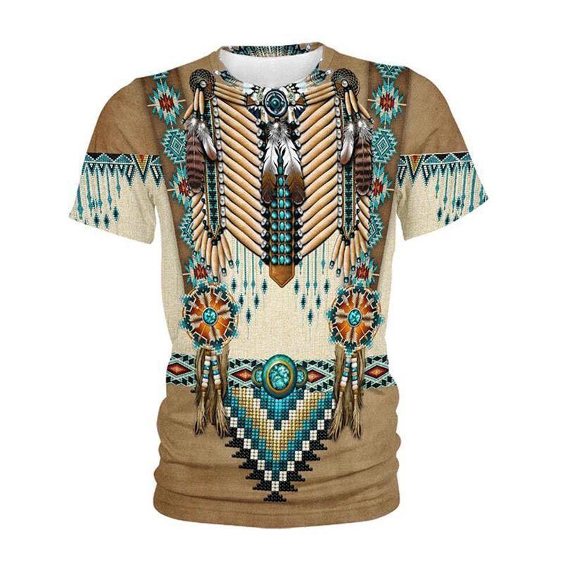 Été Nouveau T-shirt Décontracté à Manches Courtes et Col Rond pour Homme avec Impression Numérique 3D Amérindienne
