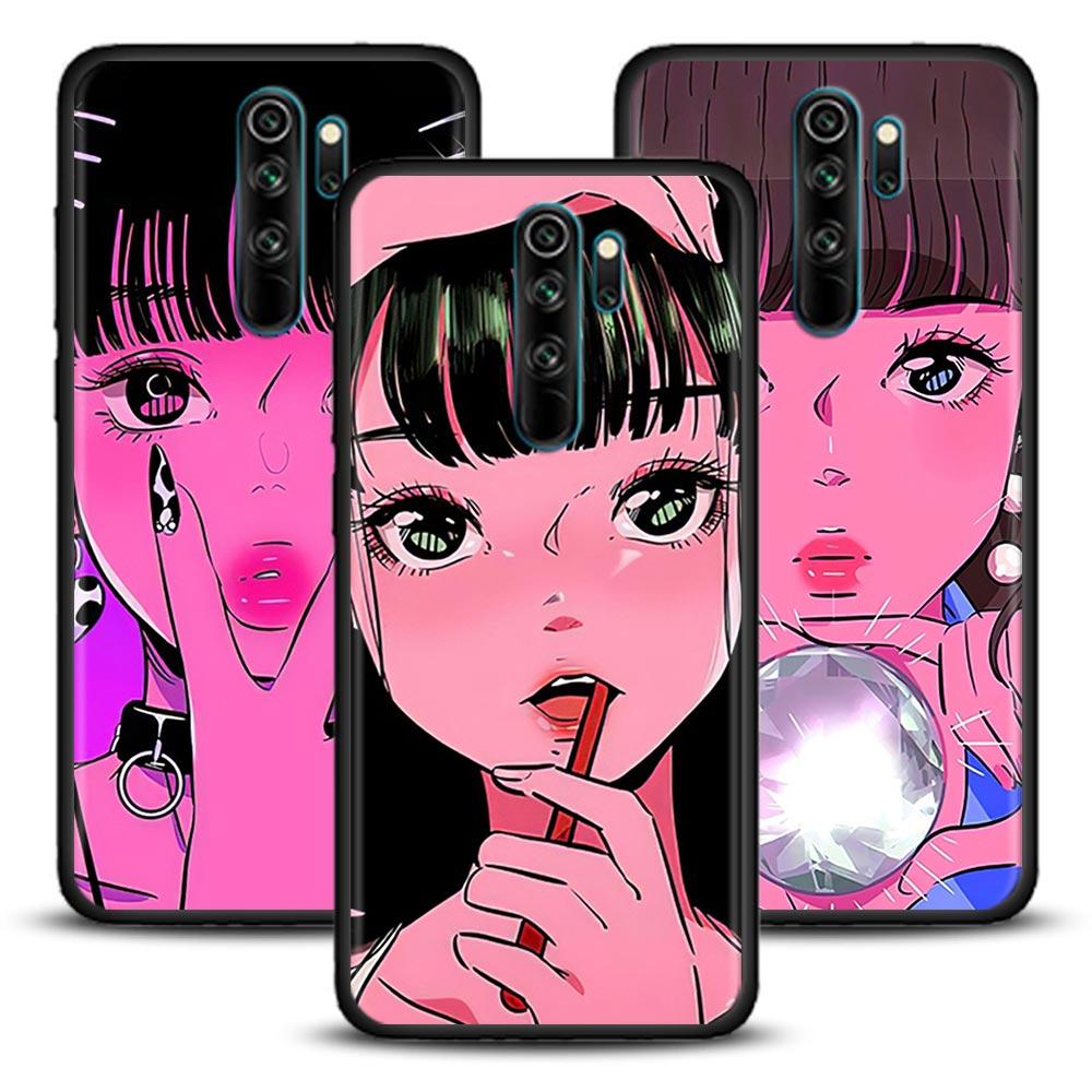 Super Cute Girl Anime Mobile Phone Shell for Redmi Note 10 11 11S 11E 7 8 8T 9 9S 9T Pro Plus 4G 5G Black Soft Case Cover Fundas