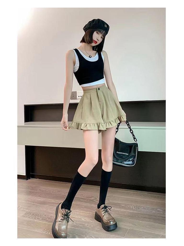 Women's Summer Khaki High-Waisted A-Line Pleated Wide-Leg Pants