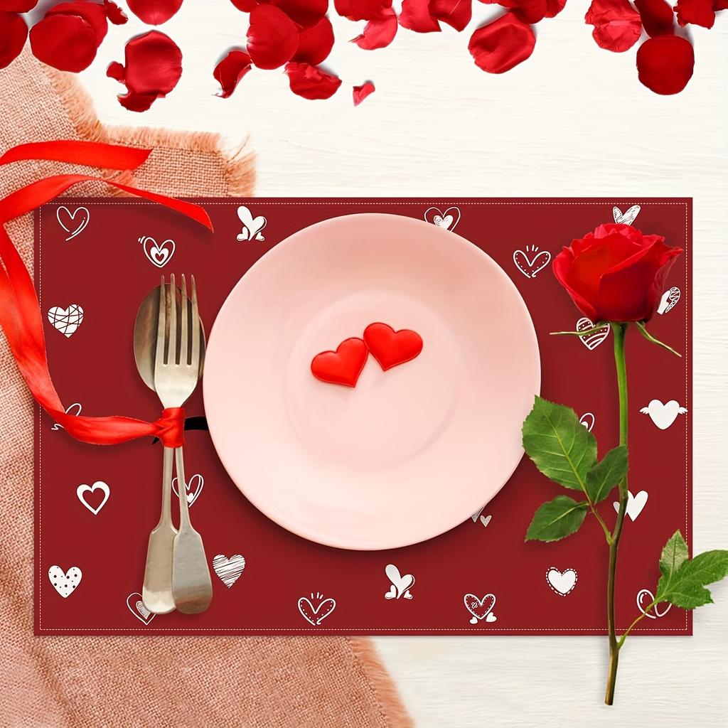 4/6pcs Set Valentine'S Day Red Background with White Hearts And Love Pattern Placemats Suitable for Home Kitchen, Dining Room, Party