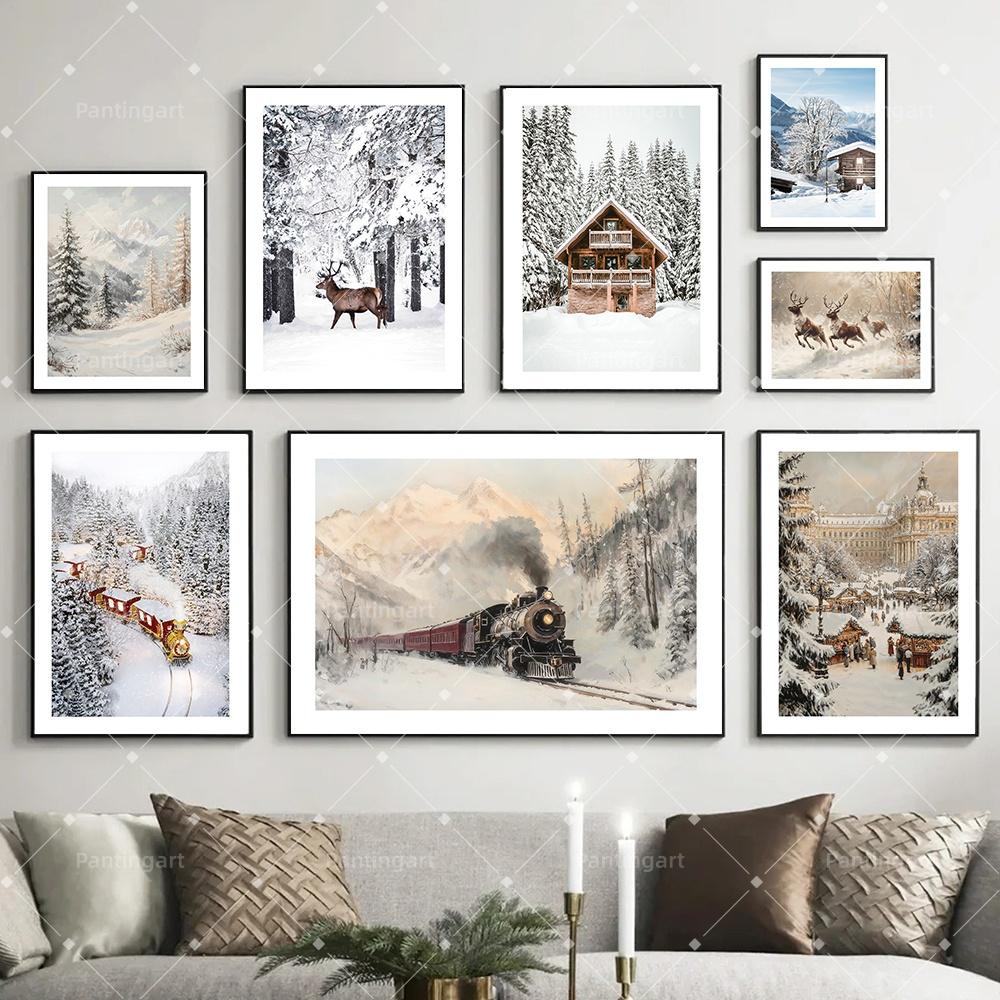 Peinture sur toile Forêt enneigée d'hiver nordique Locomotive à vapeur vintage Élan Renard roux Cabane Paysage Affiche d'art Décor de salon