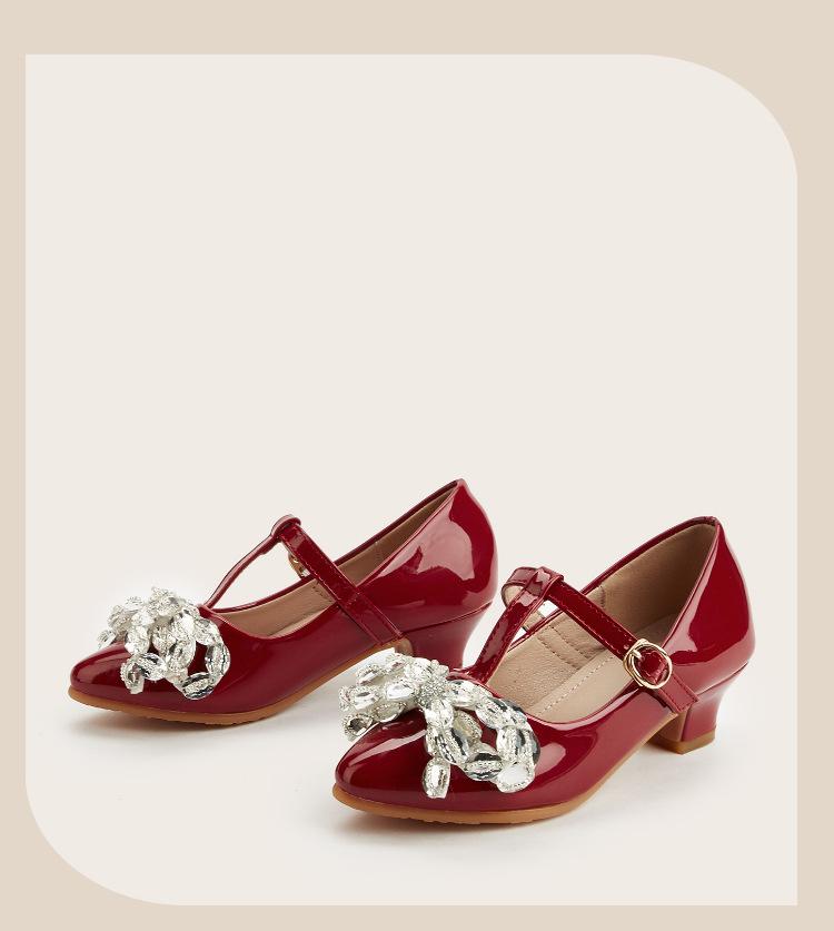 2025 Winter Crystal Flower Bow High Heels for Girls - Pointed Toe Leather Shoes for Small and Medium Children