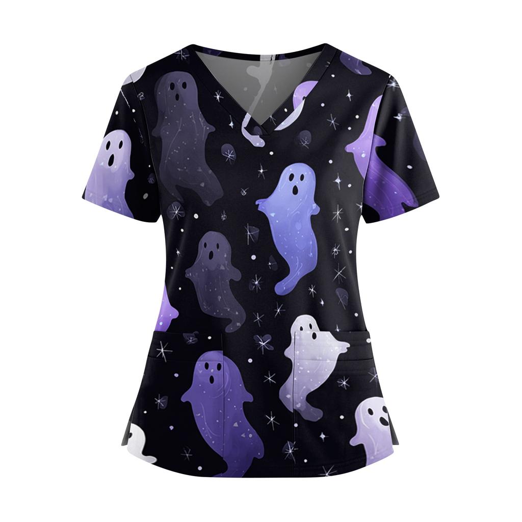 Haut d'uniforme d'infirmière à manches courtes et col en V avec imprimé Halloween, double poche et fentes latérales pour les professionnels de la santé