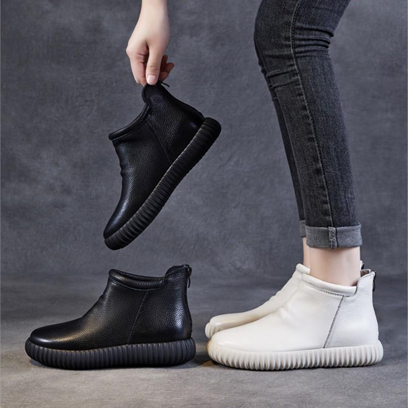 Johnature Genuine Leather Ankle Boots Casual Versatile Solid Color Soft Soled Flat Short Boots Women's Shoes