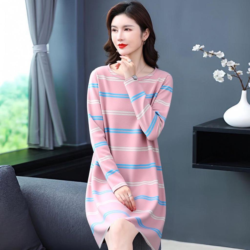 Women's Striped Long-Sleeve Mid-Length Slimming Casual Dress, Round Neck, Age-Reducing, Versatile for Mothers