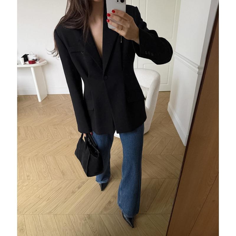Vintage Black Narrow Cut Waist Fitted Blazer For Women Commute Office Outerwear
