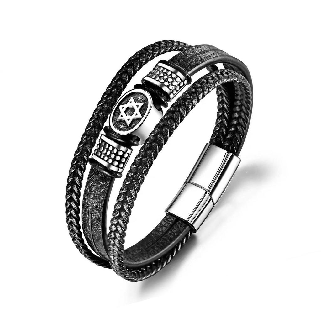 Men's Multi-layer Leather Bracelet with Magnetic Clasp & Hexagram Charm