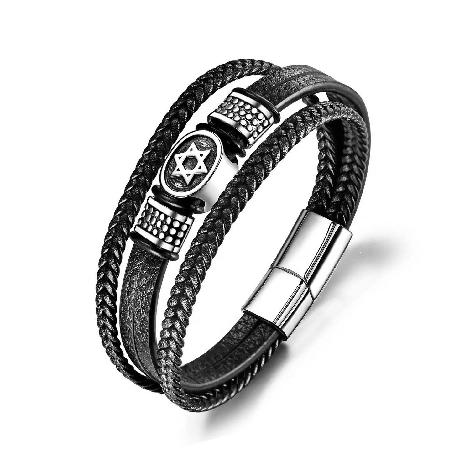 Men s Multi-layer Leather Bracelet with Magnetic Clasp & Hexagram Charm