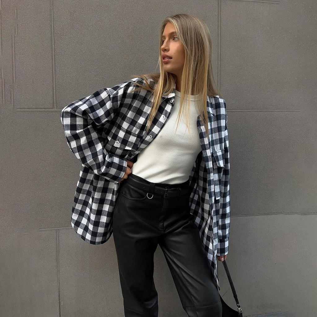 Frauen Frühling Herbst Temperament Plaid Anzug Kragen Langarm Hemd Blusen