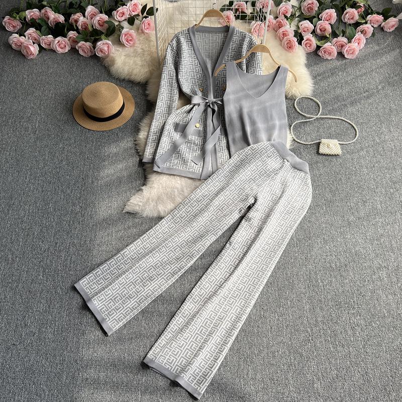 Chic Women's V-neck Cardigan & High-waisted Wide-leg Pants Set
