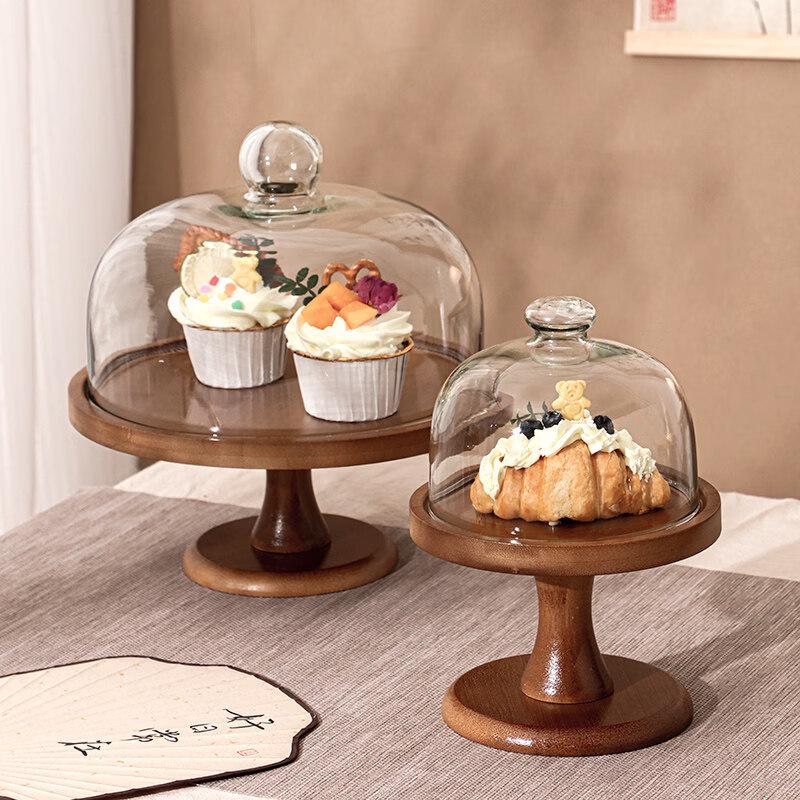 Walnut High-footed Wooden Cake Tray with Glass Lid