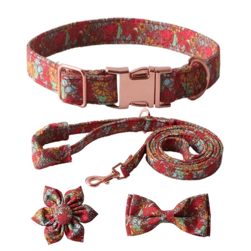 Fashion Dog Collar+Leash+Necktie Set Completes with Colorful Floral Print Bow Perfect for Pets Outstanding in the Crowd