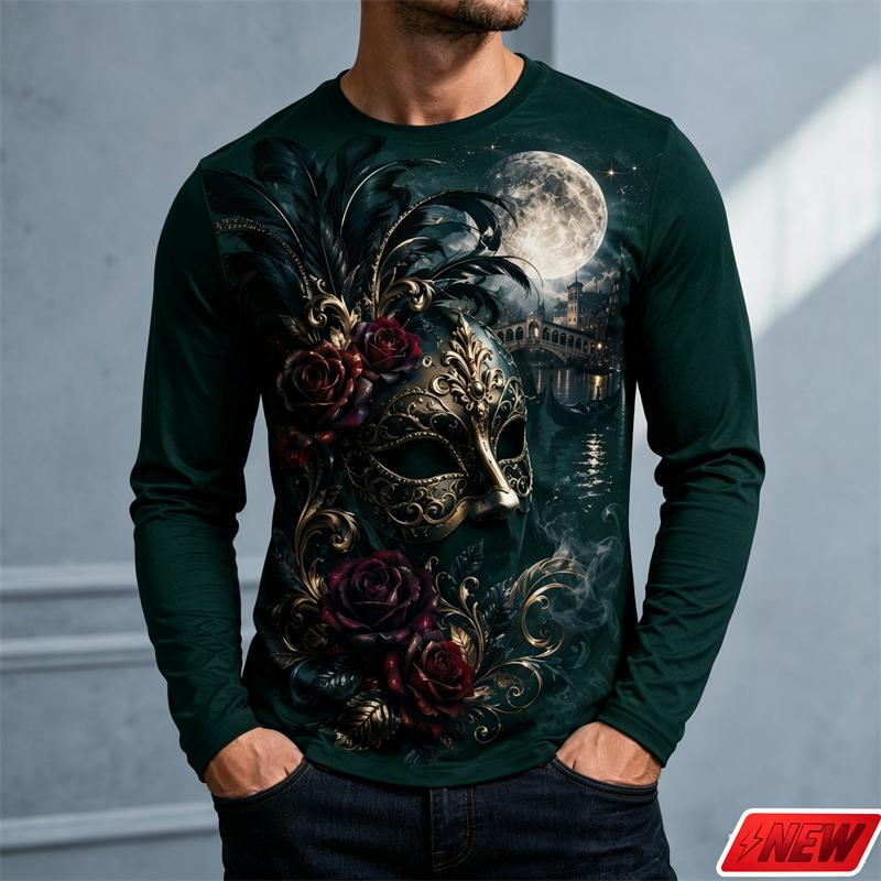 Long Sleeve T Shirt Men Vintage Mask Dark Rose 3d Print Feather Moonlight Graphic Tee Festival Party Streetwear Casual Goth Tops