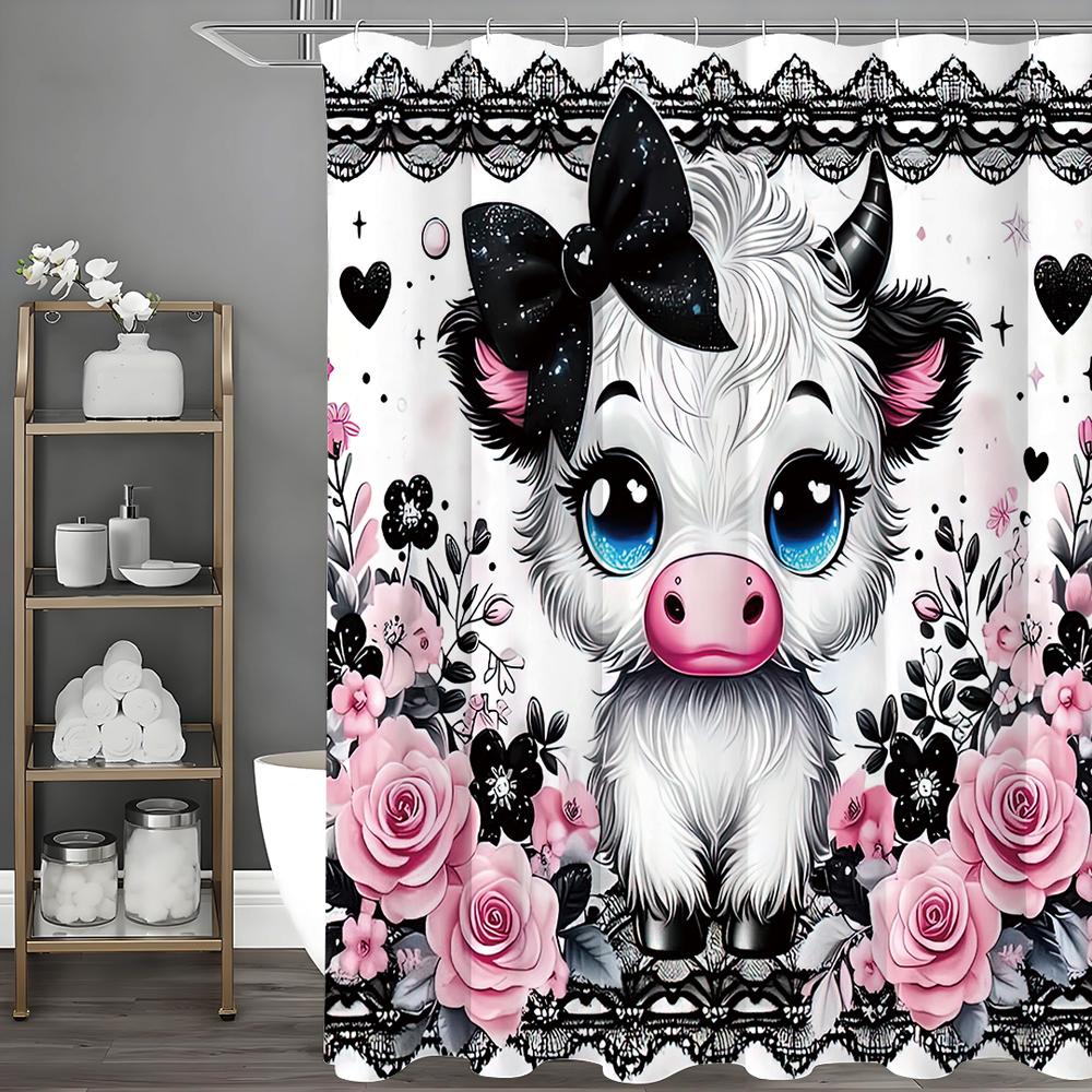 Söt höglandsko svart rosett blommig bondgårdsdjur duschdraperi, badrum dekorativt duschdraperi, vattentätt duschdraperi wit