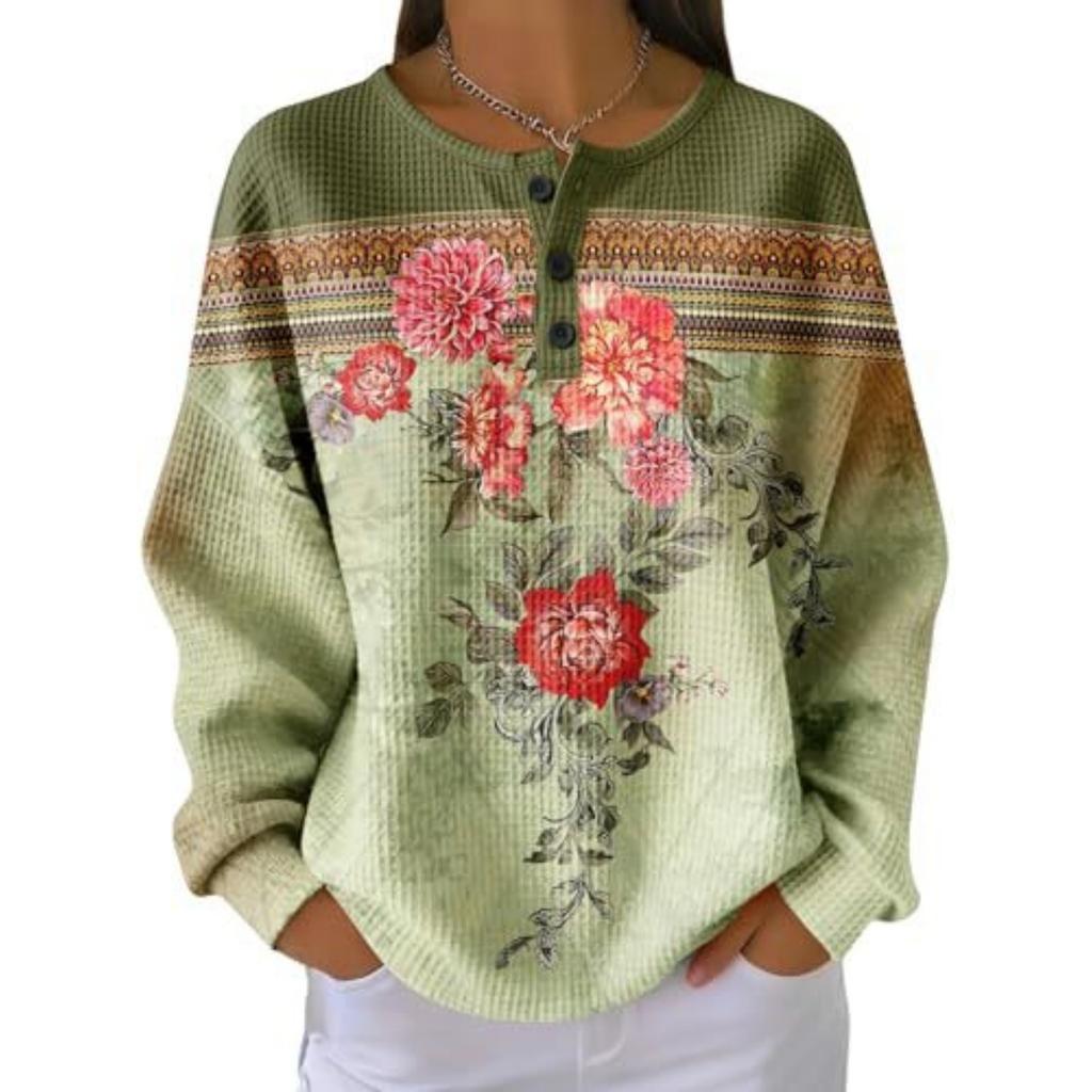 Women's Casual Printed Button Long Sleeve Sweatshirt