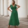Temperament beach long dress fashionable slim fit sexy lotus leaf sleeve pleated skirt solid color dress
